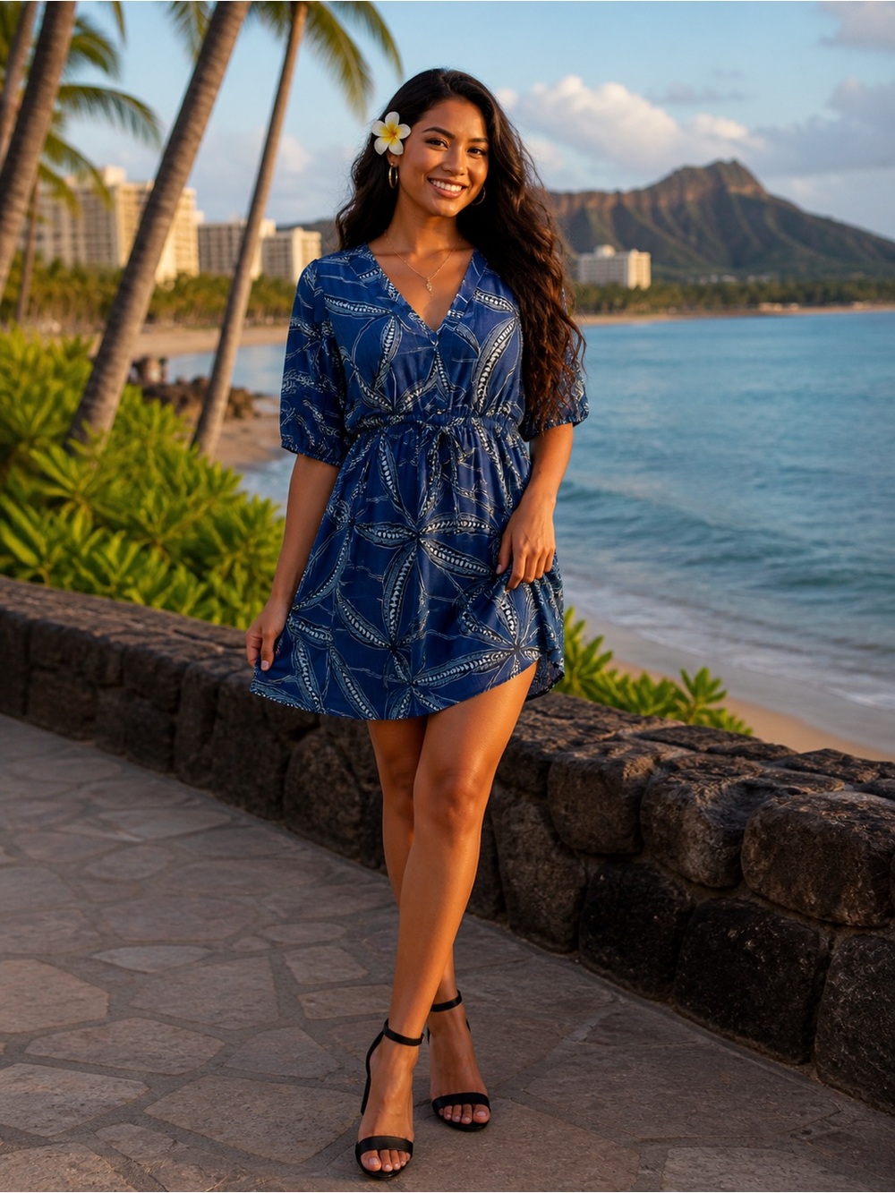 Tanoa Blue Leaf-Print V-Neck Drawstring Midi Dress